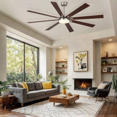 Homegrain 72 inch Mid-Century Brushed Nickel American Black Walnut Solid Wood Blades Integrated LED Propeller Ceiling Fan with Light 8 Blades