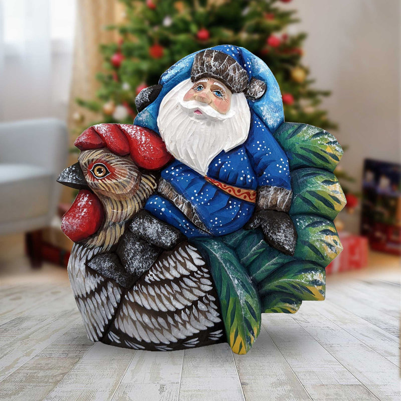 Masterpiece Woodcarved Rooster Traveler Santa Figurine