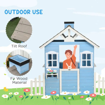 Maisonnette en bois bleue pour enfants avec porte-pots et stations-service