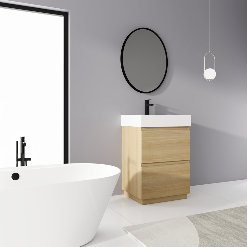 Meuble-lavabo autoportant simple 24 po avec plateau en résine Hollah, Chêne