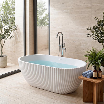 Oval Acrylic Freestanding Soaking Tub, Modern White Bathtub Ergonomic Backrest & Chrome Drain, 1500*750*580mm