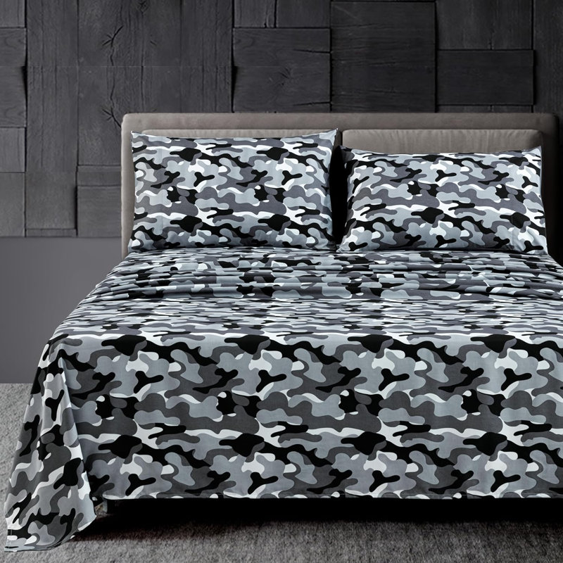 Microfiber Camouflage Sheet Set, Twin Sheet Set with 2 Additional Pieces, Black/Gray