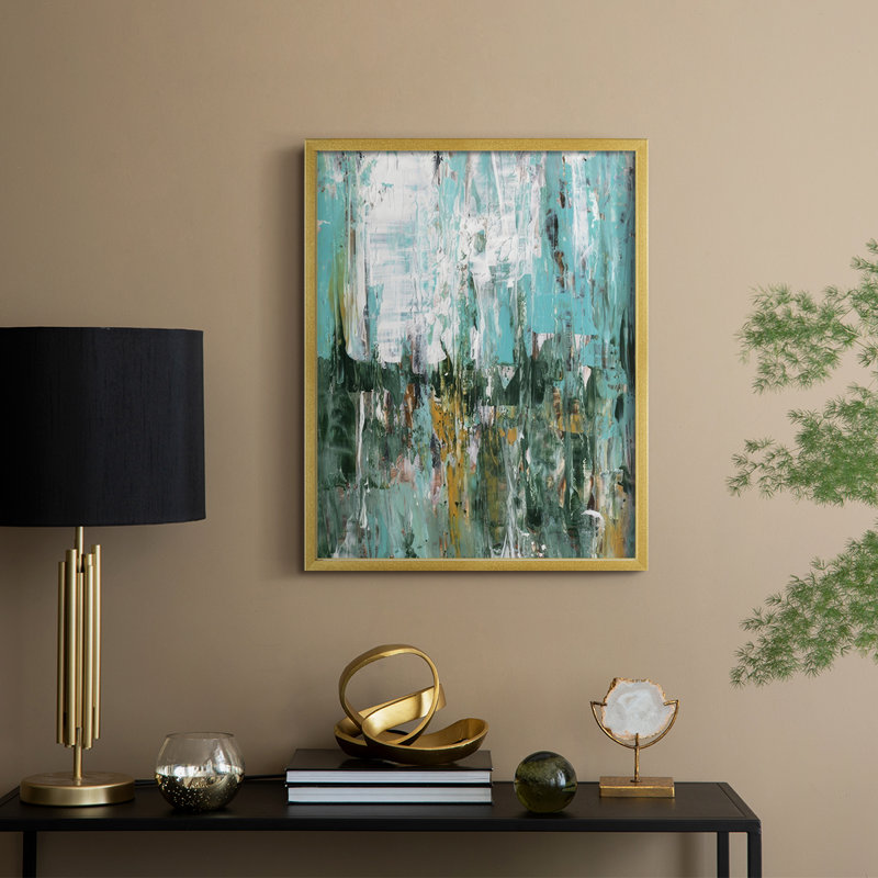 «Abstract Turquoise Forest I», reproduction encadrée - bois massif, H 15 po x l 12 po, Cadre doré