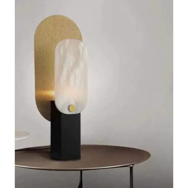  Lampe de table Enigma H Modern Bauhaus Alabaster avec base en fer | 2700K Blanc chaud | Base noire