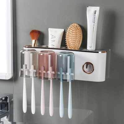 Toothbrush Holders Bathroom Accessories With Toothpaste Dispenser, 3 Cups Toothbrush Holder Wall Mounted Bathroom Decor,(White )