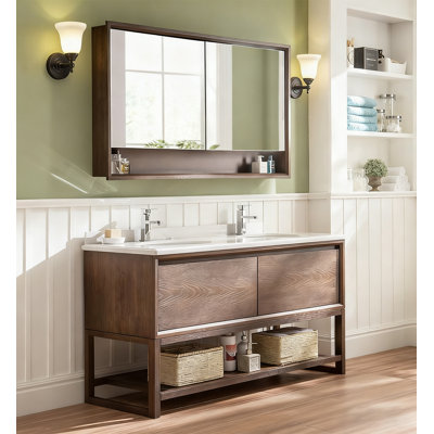 Meuble-lavabo en bois d'hévéa de style américain avec plateau en marbre