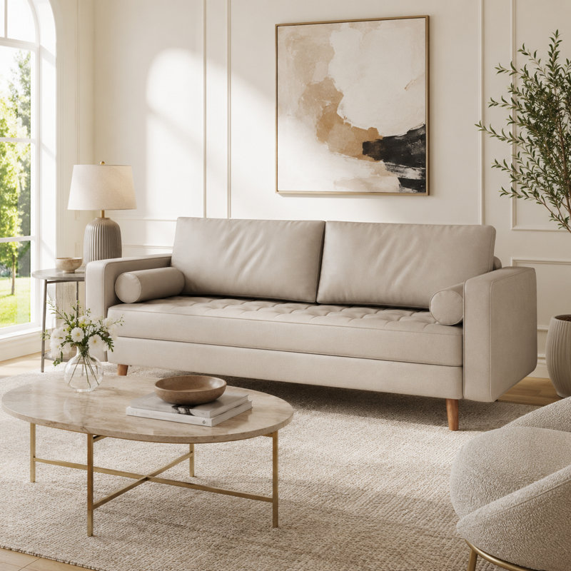 Bridgeview Leather Mid Century Modern Upholstered Square Arm Sofa or Loveseat, Sofa 70" W , Beige Vegan Leather
