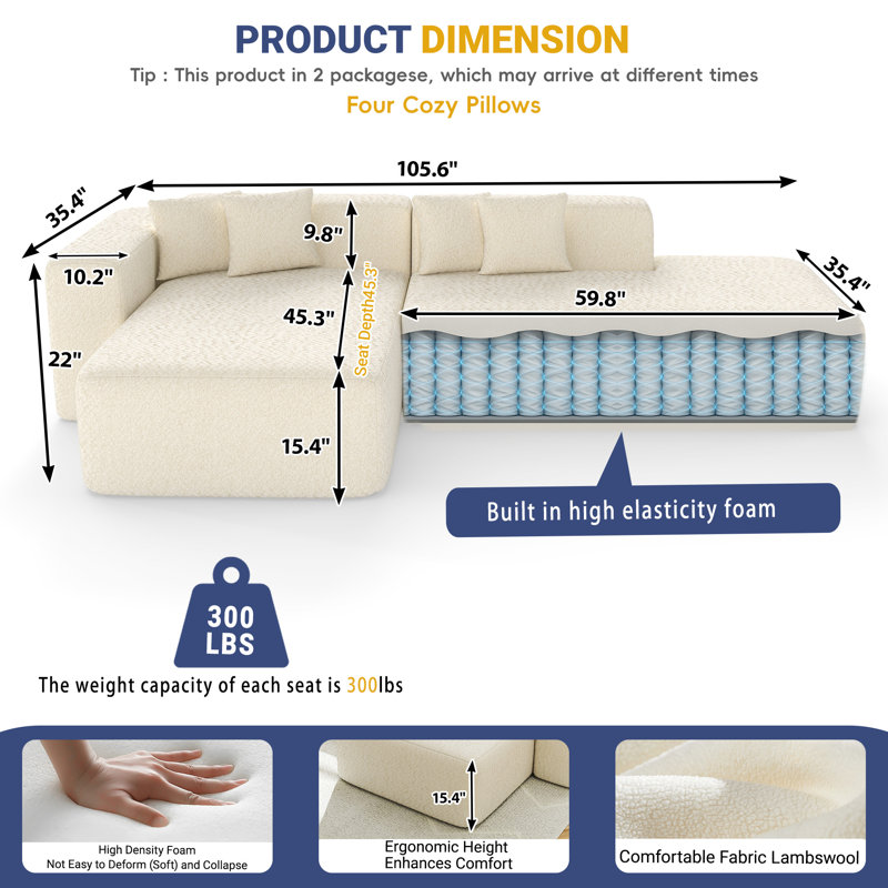 Boneless 106" Lambswool Sectional Sofa With Chaise, L Shape, No Assembly Required, Beige Wool