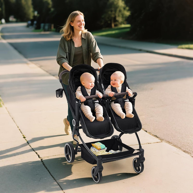 Double poussette légère côte à côte pour les jumeaux, poussette de voyage compacte pliable pour bébé avec auvent réglable et sièges inclinables, noir