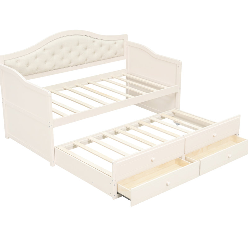 Lit de jour simple beige avec lit gigogne et rangement, lit capitonné, fonctionnel pour la chambre à coucher, structure, 2 tiroirs de rangement à assemblage rapide, chambre d'amis peu encombrante, fabrication en bois de pin
