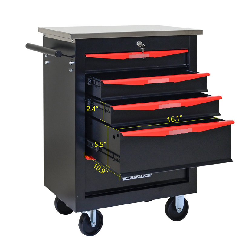 5 Tool Cabinet With Wheels And Stainless Steel Roof - Black&Red For Workshop 5 Drawers Cart Top Heavy-Duty, Black/Red