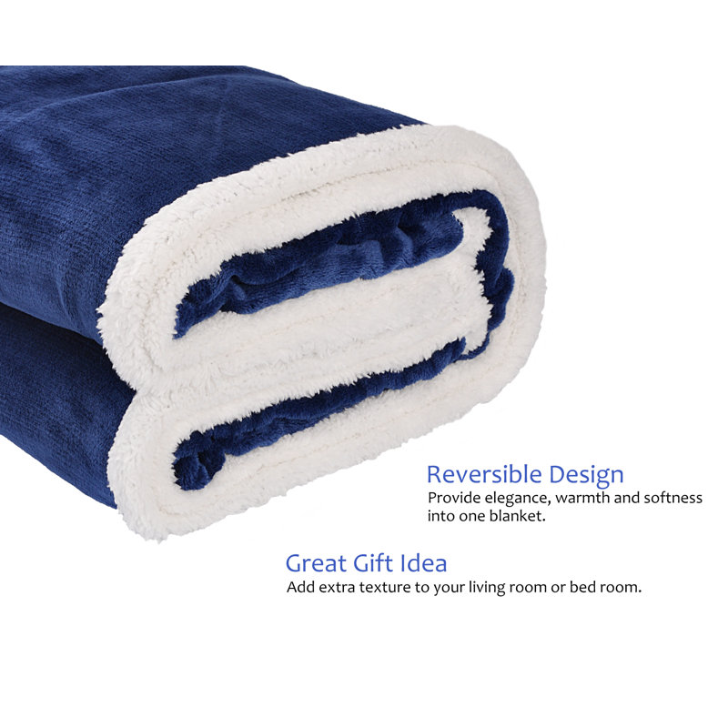 Navy Blue Reversible Sherpa Fleece Throw Blanket, 50x60 inches