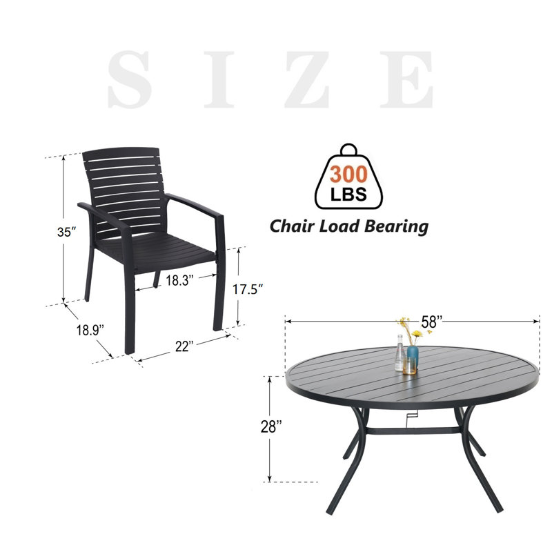 Ensemble repas pour 8 personnes avec chaises en aluminium, H 28 po x l 58 po x P 58 po, 9 pièces : table, 8 chaises