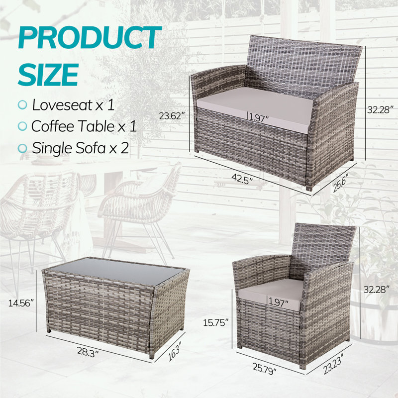 Ensemble de patio 4 pièces en osier avec coussins moelleux et table basse, Coussin beige / structure grise