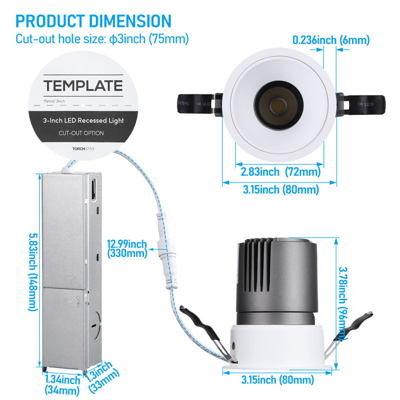3-Inch 5CCT Rotatable LED Recessed Lights with J-Box, Dimmable, 2700K-5000K Selectable, ETL & FCC