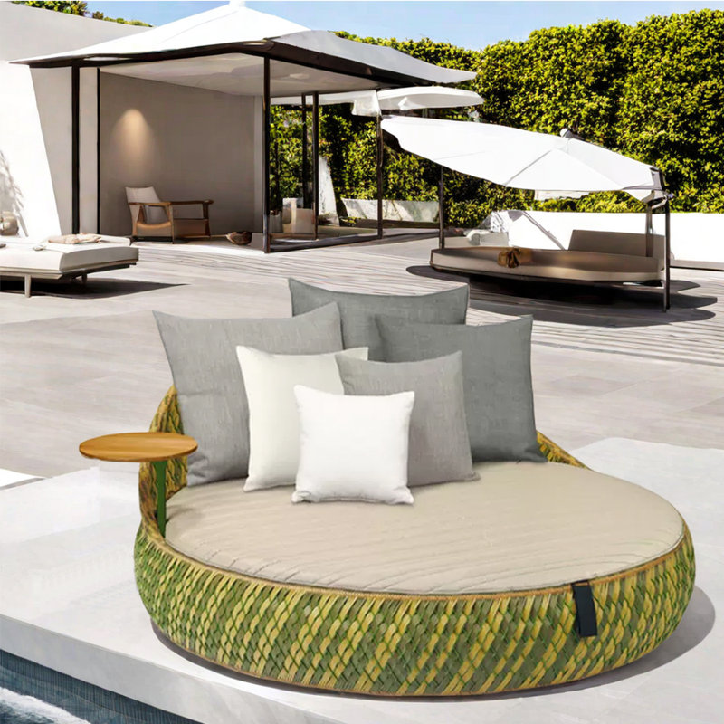 Lit de jour en rotin PE pour terrasse 77,56 avec coussins Sunbrella®, Gris, Beige