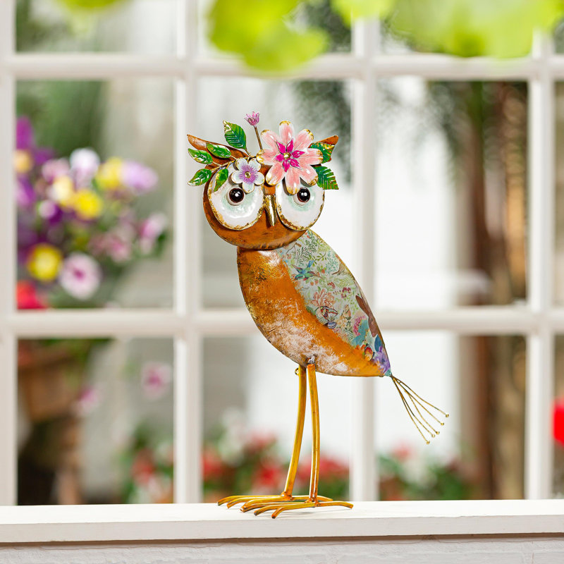 Statue en métal hibou floral en métal, H 17 po