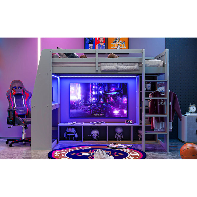 Lit mezzanine simple avec bureau et DEL, support à tablettes multiples, bureau de jeu de taille gris bois, DEL, grand espace de rangement,