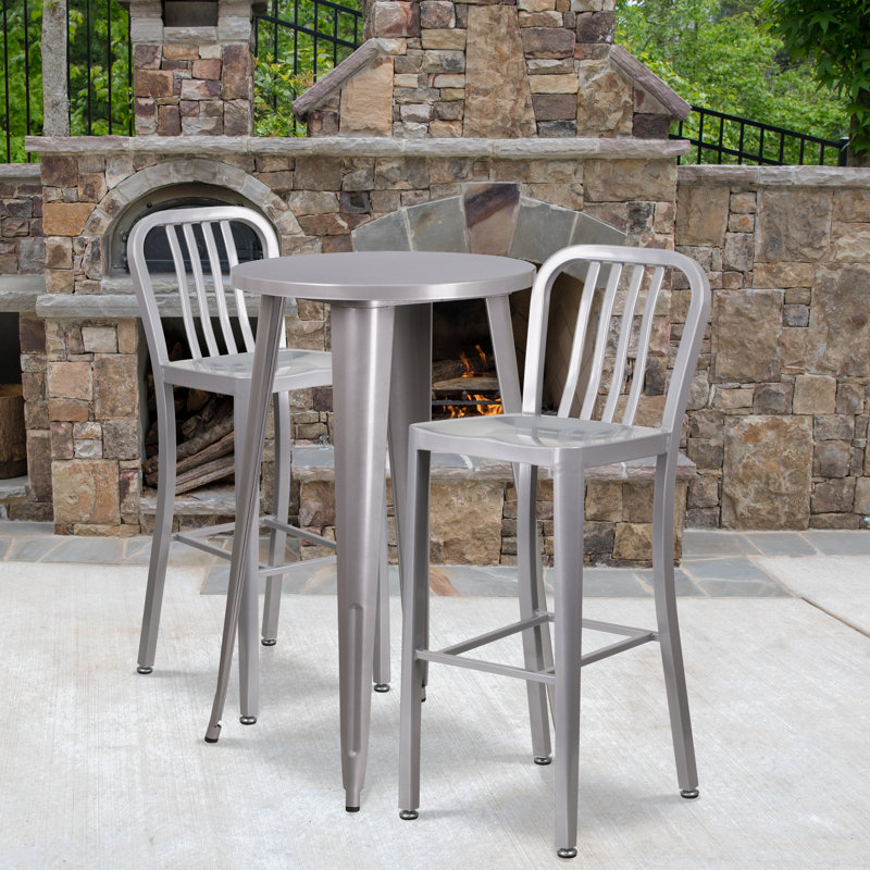 Drumfane 30'' Round Metal Indoor-Outdoor Bar Table Set with 2 Vertical Slat Back Stools, Silver, 30'' x 30'' x 41''