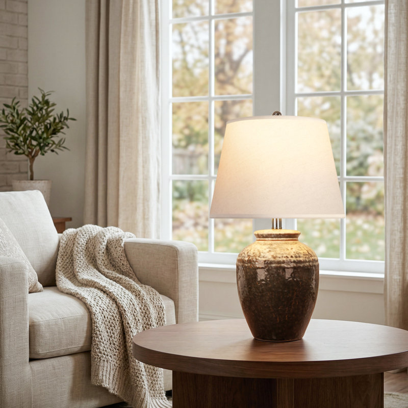 22in Rustic Ceramic Table Lamp With Linen Shade, Farmhouse Bedside Lamp For Living Room & Bedroom