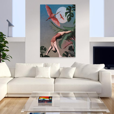 Art contemporain, paysage contemporain d'oiseaux rêveurs colorés, art tropical