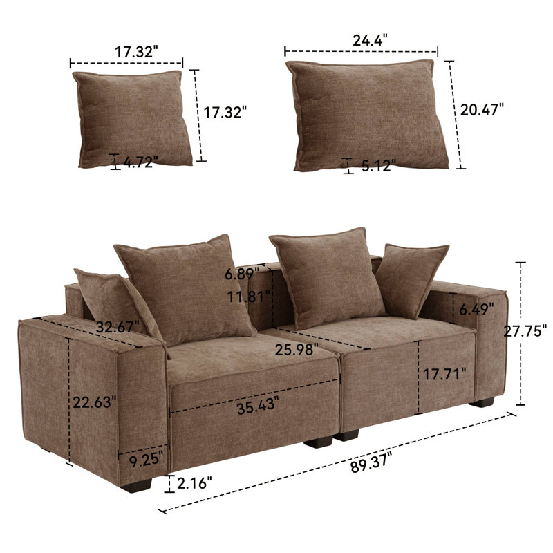 Makassar 89.37' Sofa with Square Armrests, Faw Chenille
