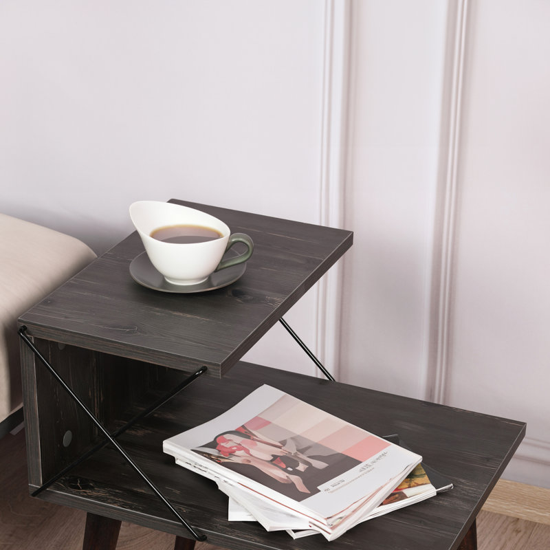 Table de chevet avec 4 pieds en hêtre et tablettes en métal, Noir