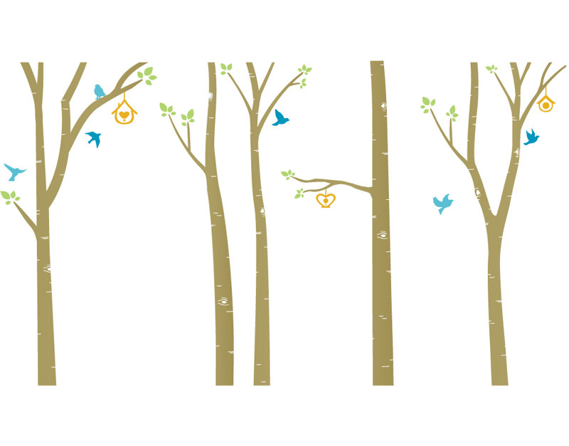 Décalcomanie murale arbres et oiseaux bouleau, Or