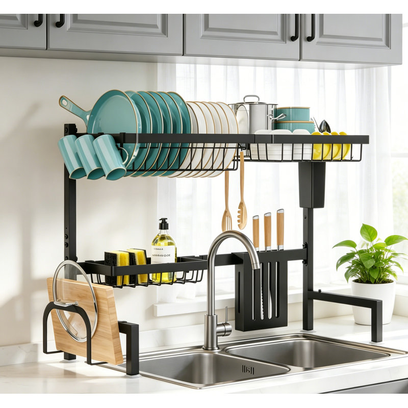 Adjustable Over-the-Sink Stainless Steel Dish Drying Rack, Large-Capacity Kitchen Organizer, Black