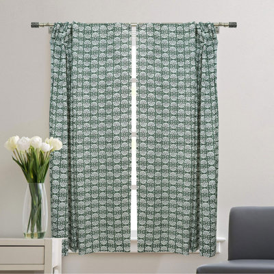 Green Floral Handmade Block Print Ring Curtain Bijhni Design Linen Drapes for Natural Interior Home Décor