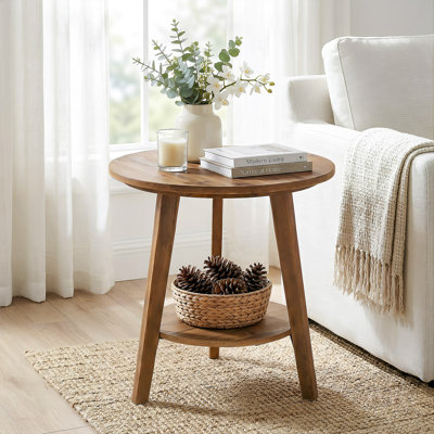 Table de bout ronde à 2 niveaux en bois massif avec tablette de rangement