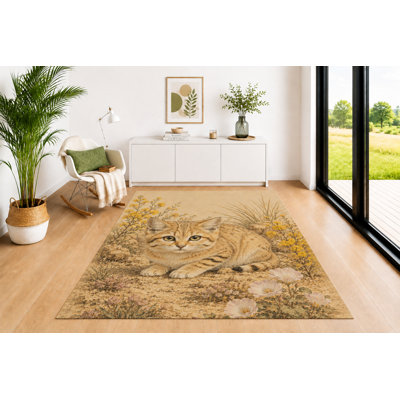 "Ultra Lightweight" 5'x7' Sand Cat Area Rug for Living Room, Soft Low Pile Indoor Rug with Non-Slip Silicone Backing, Decorative Carpet for Bedroom, Office, Kids & Pets, Beige