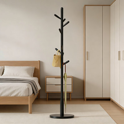 Solid Wood Coat Rack With 8 Hooks And Round Base, Free Standing Hall Tree For Coats, Hats, Bags, Entryway And Hallway Organization