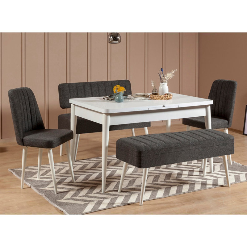 Karyana Extendable Dining Table & Chairs Set (5 Pieces), Modern Black & White Design, 50.8 x 31.5 x 31.5 inches | 100% Melamine Coated Particle Board, 100% Linen Chairs | Perfect for Family Gatherings, Stylish & Functional