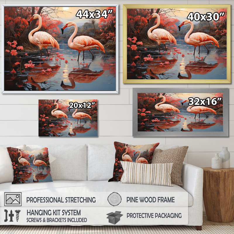 Flamant flamant rose pastel - imprimé, H 16 po x l 32 po x P 1 po, Cadre flottant doré