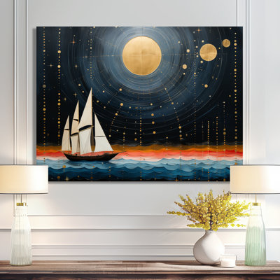 Voilier guidé par Dieu, pleine lune, océan, tranquillité - paysage abstrait, art mural