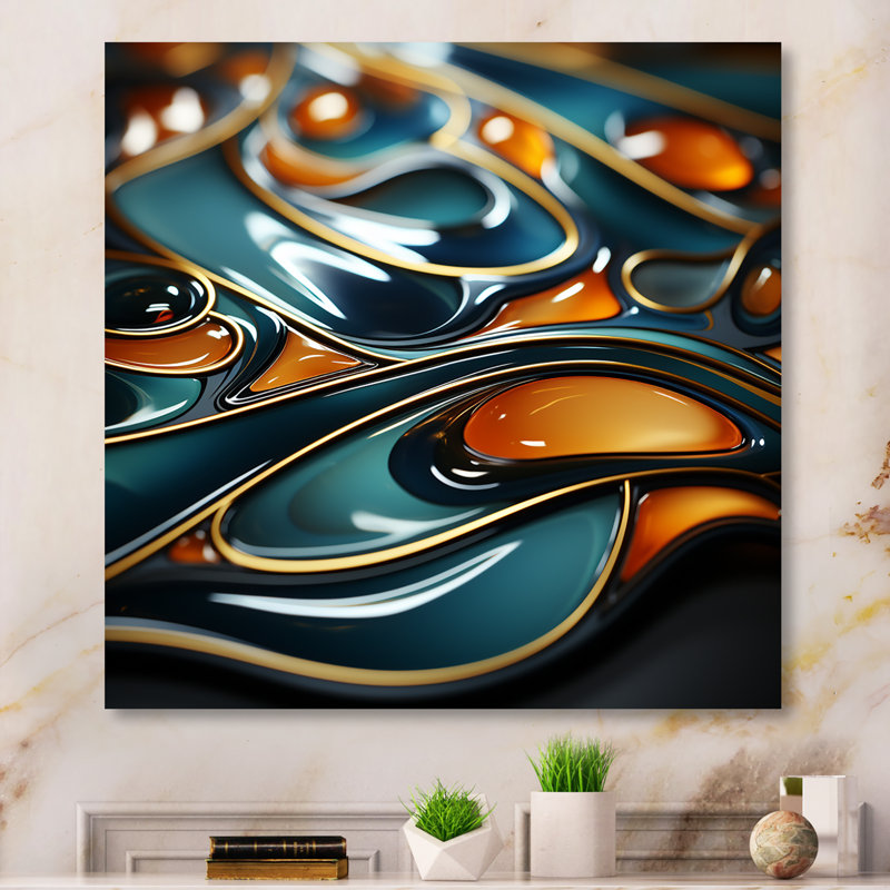 Or et émeraude fractale vague IV - impression d'art mural en métal fractal, H 16 po x l 16 po