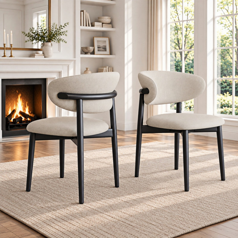 Chaises de salle à manger rembourrées Mid-Century en bois massif beige, sans assemblage requis pour la salle à manger (ensemble de 2)
