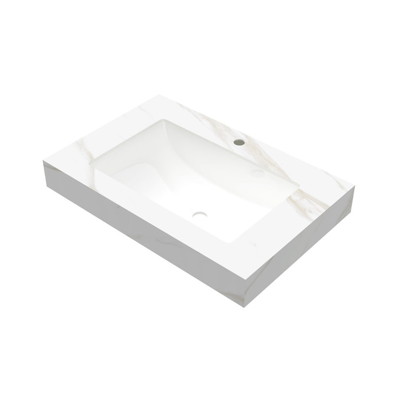 Comptoir de meuble-lavabo en pierre frittée or 30 po avec lavabo en céramique incrusté, sans armoire, robinet, agencement de couleur blanche et fabrication, profondeur de produit de 29,34 po, largeur de 19,33 po, hauteur de 8,9 po, poids de 48,98 lb, épaisseur