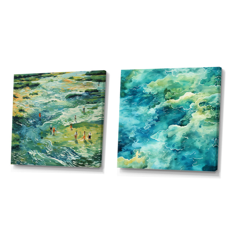 «Green Peaceful Tide Pools I - Coastal Minimalisme», ensemble de 2 reproductions d'art mural, Toile tendue
