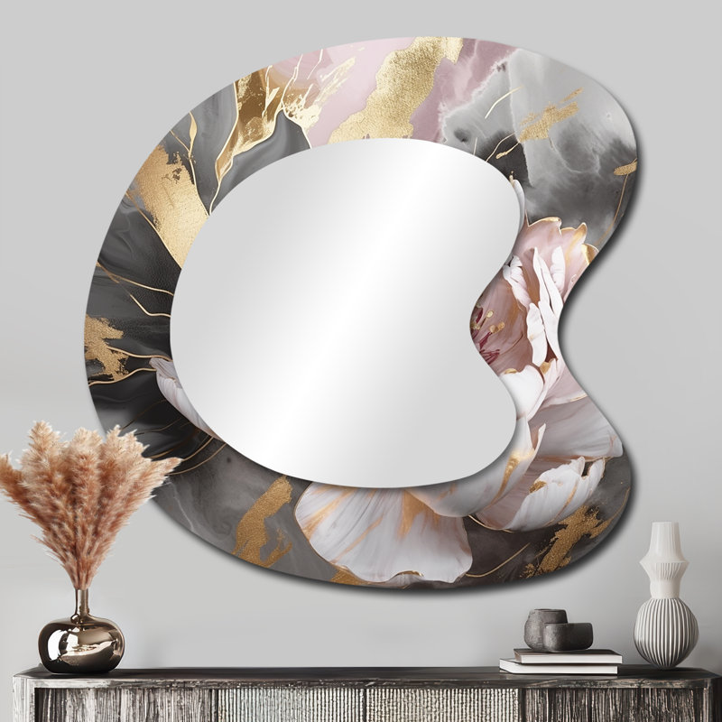 Marbre rose doré pivoine fleur IV - formes abstraites asymétriques de marbre - grand miroir mural moderne, 33 po x 33 po