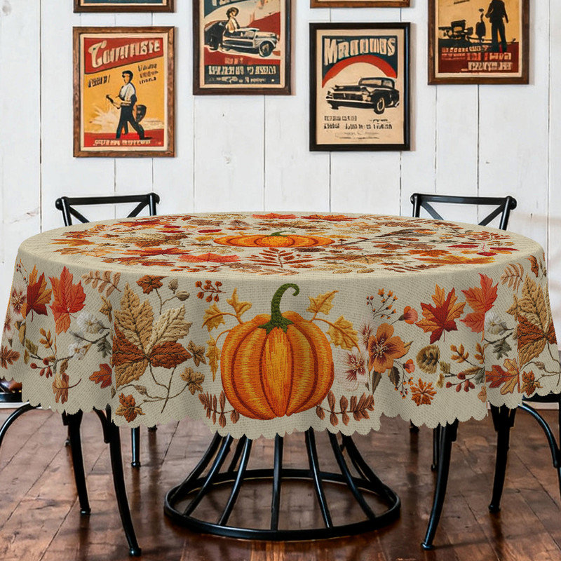 Pumpkin and Maple Leaf Pattern Washable Polyester Tablecloth