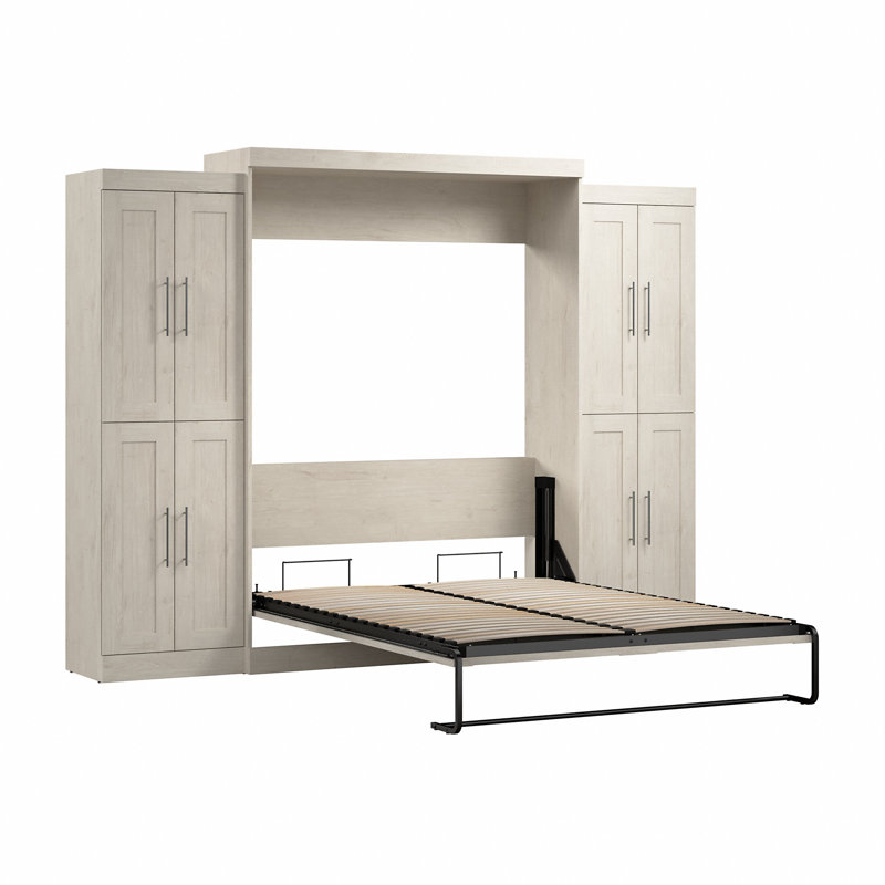 Grand lit mural Arlex de 115 W avec unités de rangement de 25 W avec portes, Chêne blanc lin