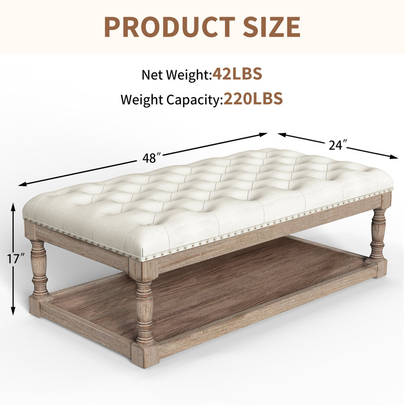 48" Wide Tufted Rectangle Cocktail Ottoman, Vintage Brown, Ivory