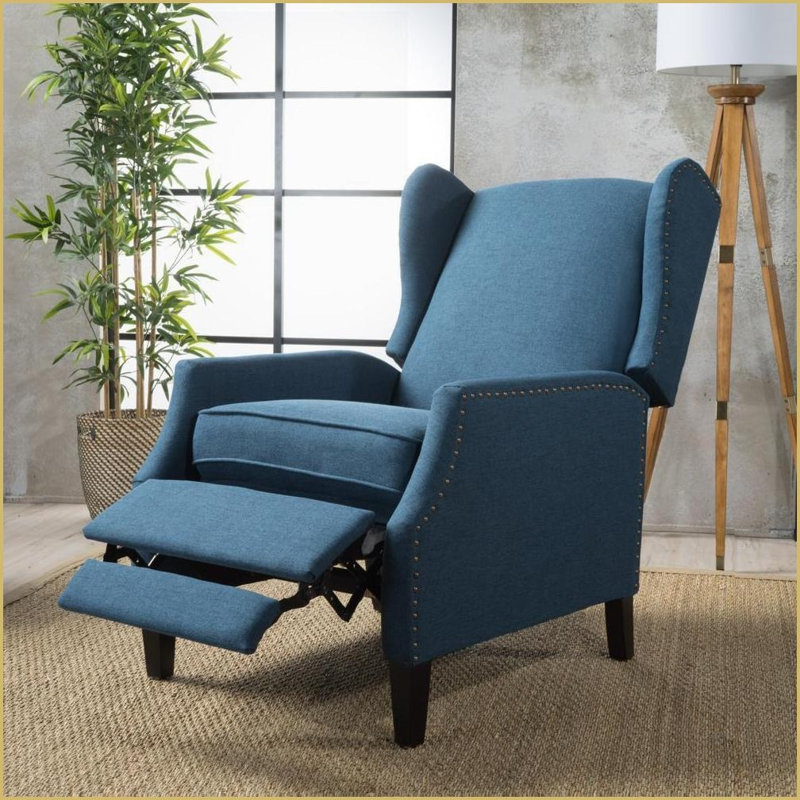 Fauteuils inclinables, fauteuil inclinable moderne à oreilles avec garniture cloutée | Bleu marine | Tissu