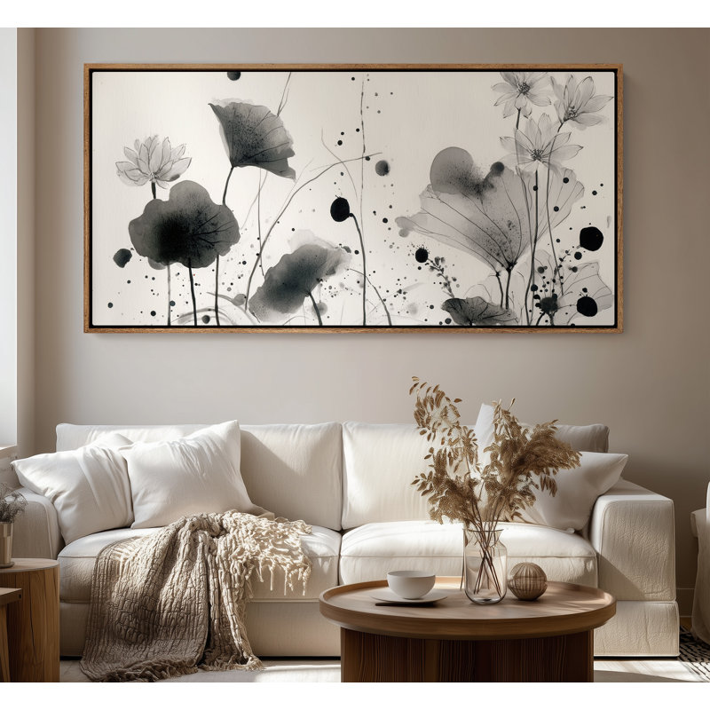 Grand art mural encadré sur toile - Encre noire et blanche à motif floral - 60 po x 20 po, 60 po x 30 po, Naturel