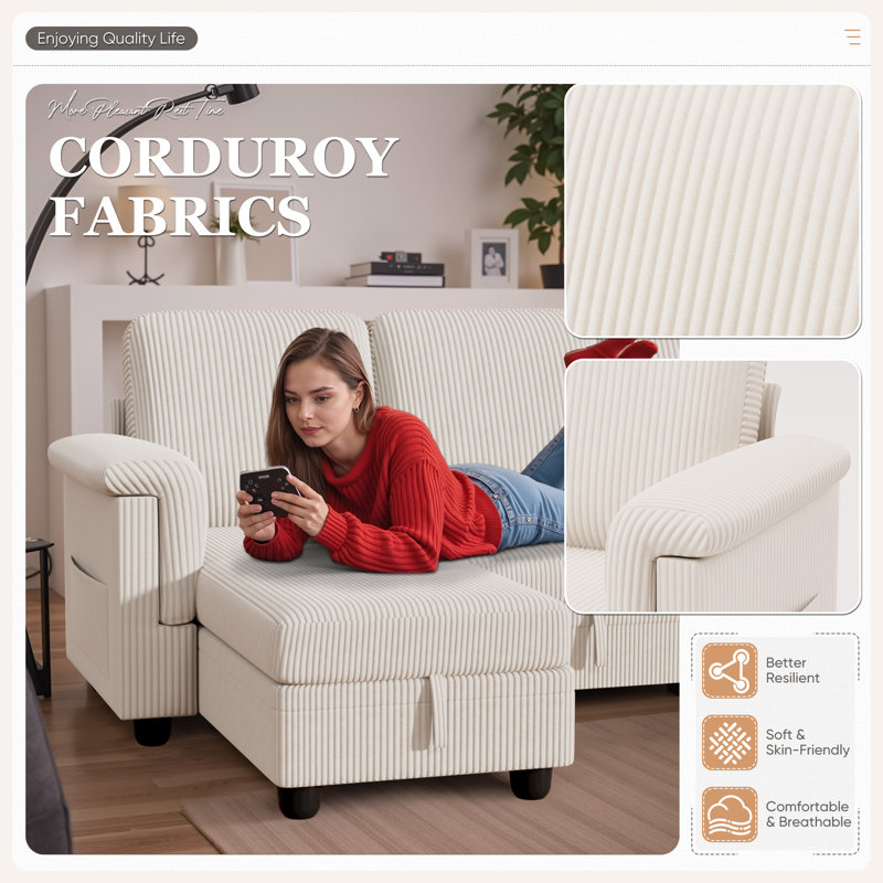 Corduroy Versatile Sectional Couch, Small Sleeper Sofa With Pull-out Bed And Storage, Beige Corduroy
