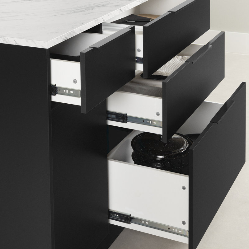 Matte Black and Faux White Marble Kitchen Island with Storage