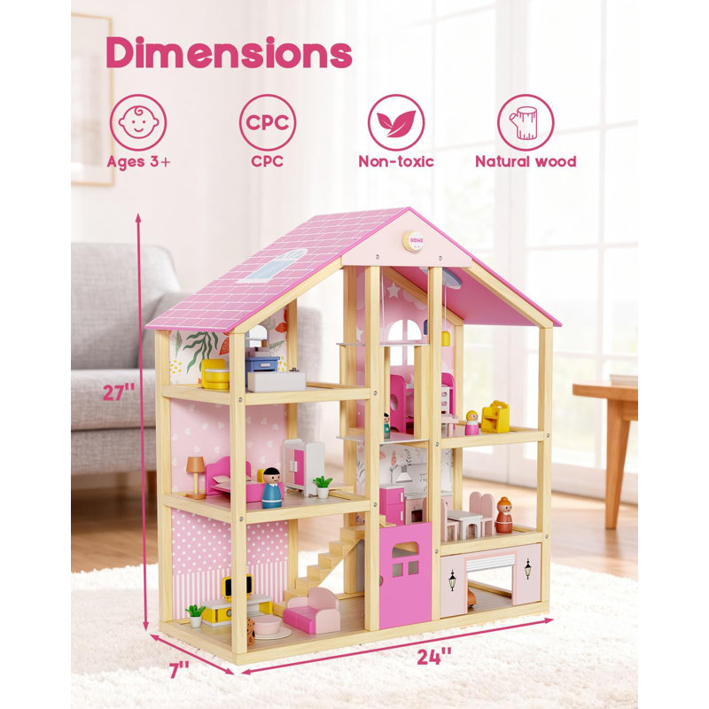 Maison de poupée en bois Suteck, grande maison de poupée en bois rose avec 39 accessoires pour filles