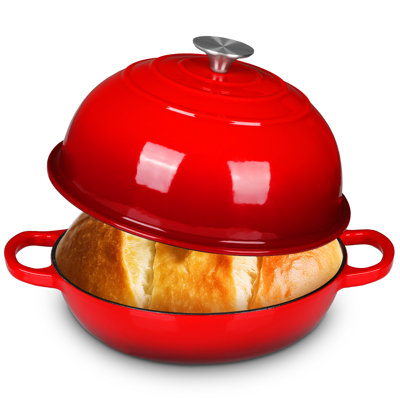 Pirecart 6Qt Enameled Cast Iron Dutch Oven For  Bread Baking, Non-Stick Dome-Shaped Bread Oven Pot With Lid, Silicone Handles And Scraper, Red